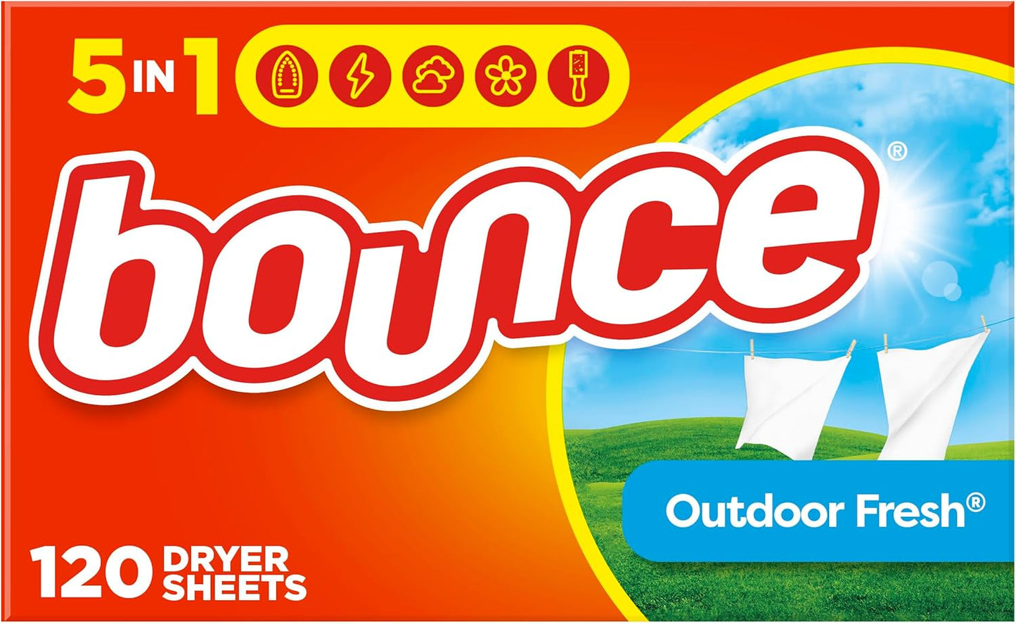 Bounce 5-in-1 Dryer Sheets Outdoor Fresh Scent — Case of 6 (120 Sheets per Box)