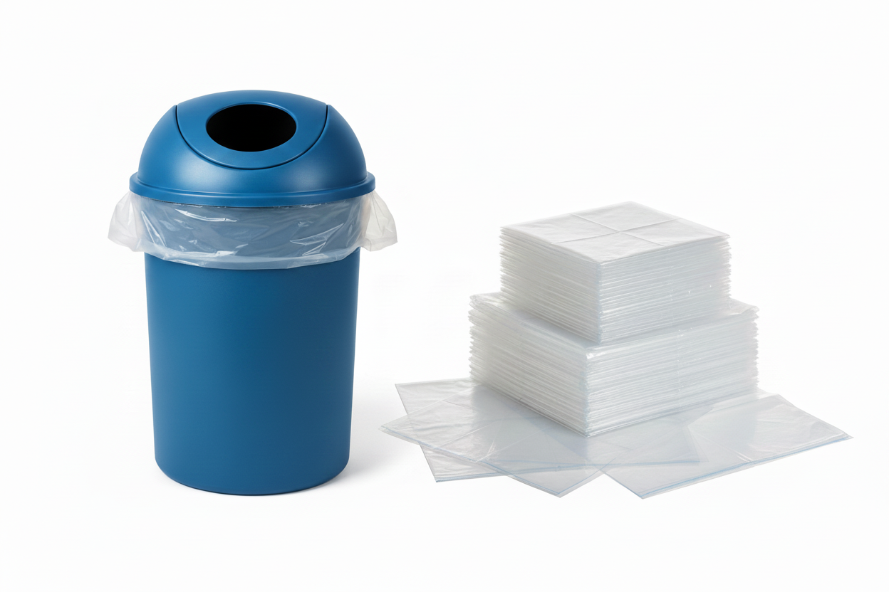 Clear 55 Gallon Liner Bags with Blue Garbage Can