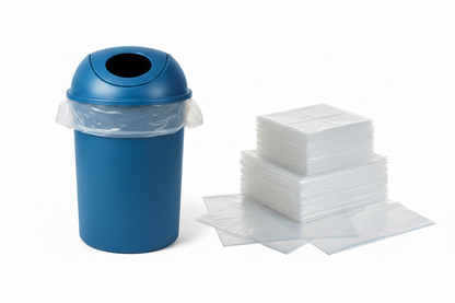 Clear 55 Gallon Liner Bags with Blue Garbage Can
